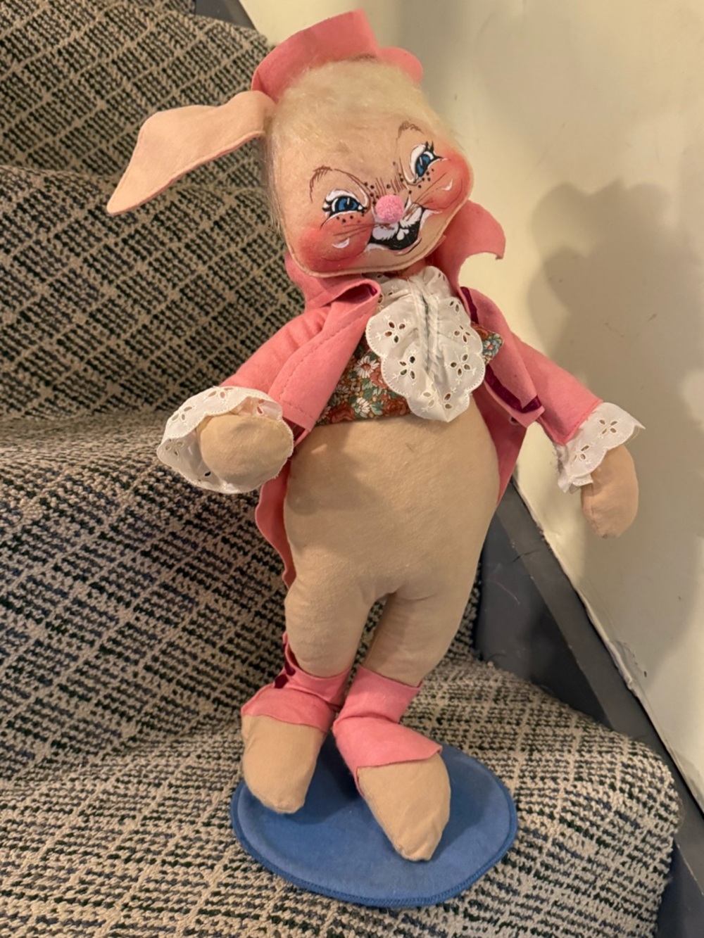 Vintage Pink Bunny Doll Plush with Blue Base, vintage Easter decoration